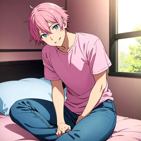 Anime boy, wear pink tshirt, blue short jean, sit on bed, bedroom, pink wall bedroom, short hair, smile, looking at viewer, pink hair, blue eyes,