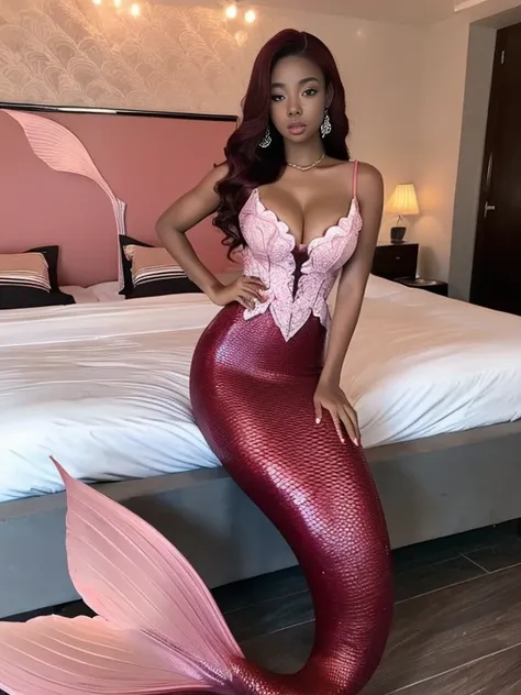 mermaid dress, pink mermaid dress, ebony, africa girl, dark skin, long hair, full body, extra huge breasts, cleavage, red hair, on bed, make up korea look, 