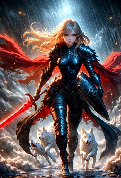 fantasy art, RPG art, Dark fantasy art, ultra wide shot, RAW, photorealistic, a picture of female human ranger, the ranger, an exquisite beautiful human woman, long blond hair, braided hair, green eyes, wearing leather armor, wearing (red cloak: 1.1), arme...