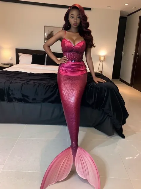 1girl, mermaid, mermaid tail below waistline, mermaid dress, pink mermaid dress, ebony, africa girl, dark skin, long hair, full body, extra huge breasts, cleavage, red hair, on bed, make up korea look, bedroom, sit on bed,