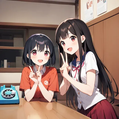 A confident smile, かわいいポーズをとっているtwo students demonstrating a gesture commonly associated with a peace sign while speaking by teleTelephone, skirt, Black Hair, indoor, in, Telephone, shirt, ((((complete fiine fingers))))