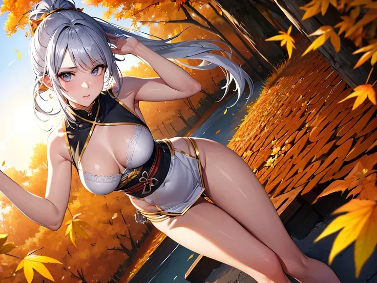 (masterpiece,best quality,ultra detailed,ultra high res,8k),1girl,hands behind,Slim Body,Tall Body,ninja,sigh,side ponytail,silver hair,flower kanzashi,looking at viewer,Button Nose,high heels,Low-angle,Sunny,autumn leaves