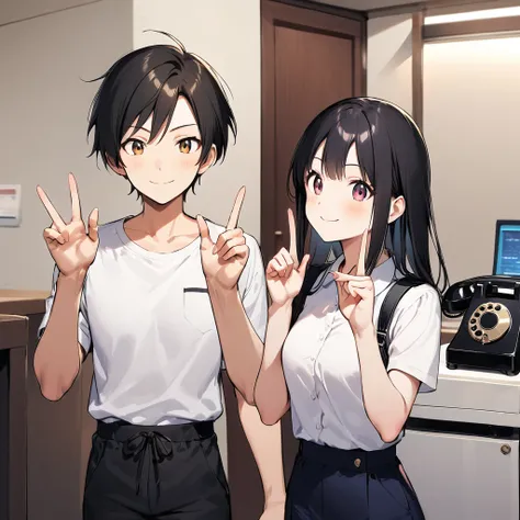 A confident smile, かわいいポーズをとっているtwo students demonstrating a gesture commonly associated with a peace sign while speaking by teleTelephone, slacks, Black Hair, indoor, in, Telephone, shirt, ((((complete fiine fingers))))