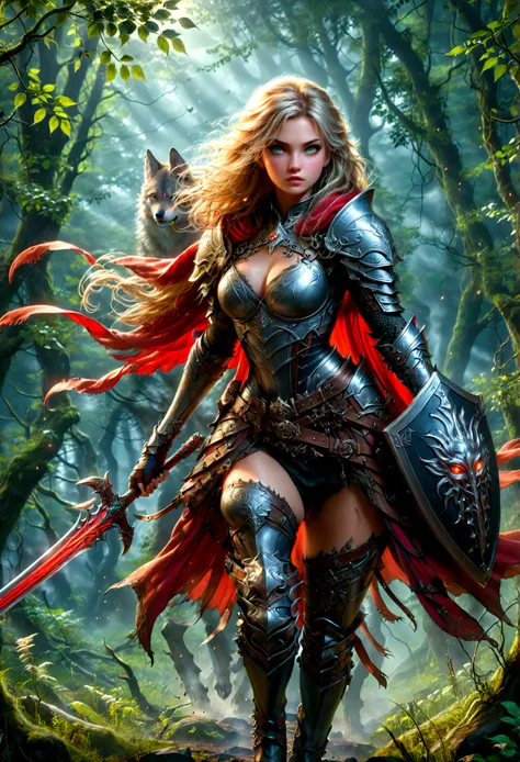 fantasy art, RPG art, Dark fantasy art, ultra wide shot, RAW, photorealistic, a picture of female human ranger, the ranger, an exquisite beautiful human woman, long blond hair, braided hair, green eyes, wearing leather armor, wearing (red cloak: 1.1), arme...