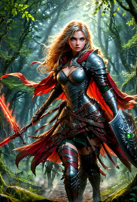 fantasy art, RPG art, Dark fantasy art, ultra wide shot, RAW, photorealistic, a picture of female human ranger, the ranger, an exquisite beautiful human woman, long blond hair, braided hair, green eyes, wearing leather armor, wearing (red cloak: 1.1), arme...