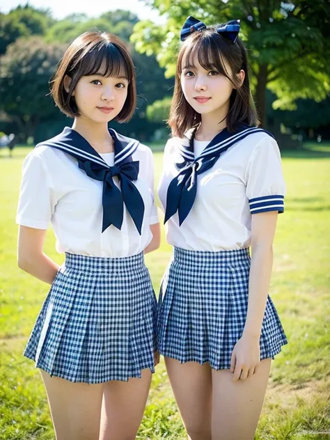 Two girls standing in the school park,White short-sleeved sailor leotard with navy blue frills,Checkered bow tie,24-years-old,bangs,A small smile,Thighs,knees,Short hair bomb、Brown Hair,from before,Front light　16k　photo-like image　gravure idol face　cute　２T...