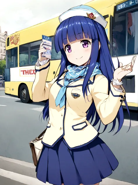 One girl, alone, Full Out Rika, cute, Blue Hair, Purple eyes, Long Hair, blunt bangs, bangs, Stewardess Hat, Scarf V-Neck Back Tie, front tie, White handbag, Bus, Bus Guide, Navy Blue Skirt, Suit skirt, Mid-length skirt, tight skirt, Light blue patterned s...