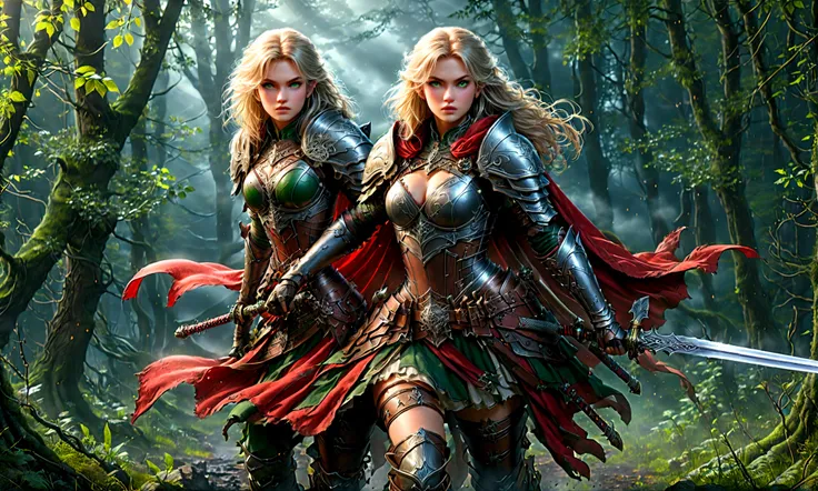 fantasy art, RPG art, Dark fantasy art, ultra wide shot, RAW, photorealistic, a picture of (1single: 1.5) female human ranger, the ranger, an exquisite beautiful human woman, long blond hair, braided hair, green eyes, wearing leather armor, wearing (red cl...