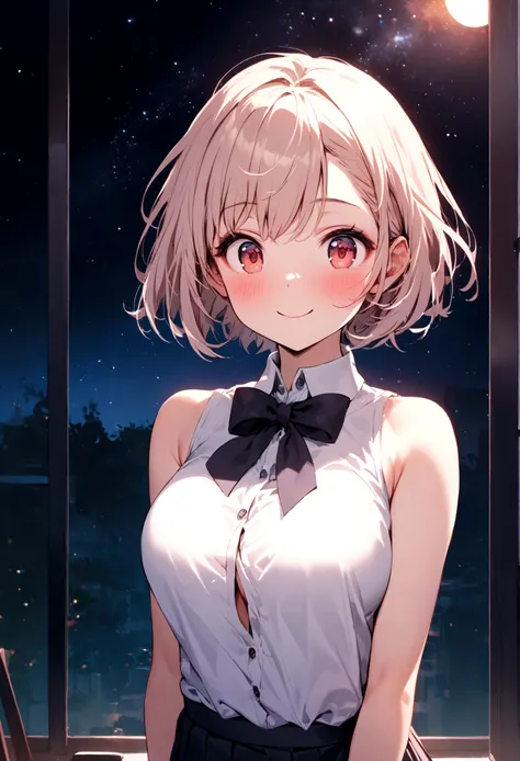 1 girl, Lovely, Solitary, Beautiful and detailed sky, Delicate face, night, Dating, (blush), (Smile: 1.1), (shut up), Large Breasts, Beautiful and delicate eyes, Can&#39;t button up, (stand collar shirt: 1.1), bow tie, Pleated Skirt, (short hair: 1.2), Flo...