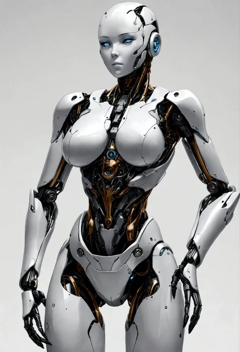 body, body, woman, ultra-realistic, robot, cyborg, plain background, stands facing the spectators, super high quality, metal, dr...