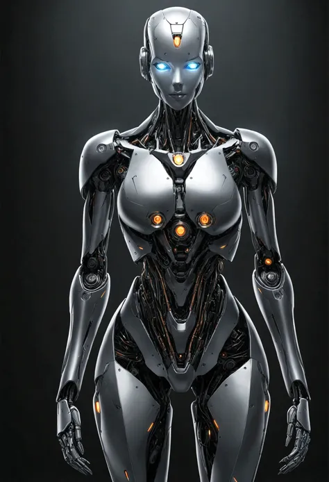 body, body, woman, ultra-realistic, robot, cyborg, plain background, stands facing the spectators, super high quality, metal, dr...