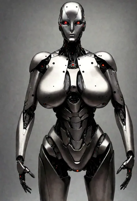 body, body, woman, ultra-realistic, robot, cyborg, plain background, stands facing the spectators, super high quality, metal, dr...