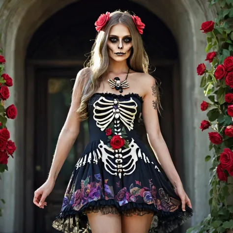 topless zombie girl, long bloody hair, seductive eyes, mysterious expression, mature appearance, charming dress, flowing short dress, elegant jewelry, intricate decoration, magic symbols, glowing accessories, potions, scrolls, cute accents, bows, ribbons, ...