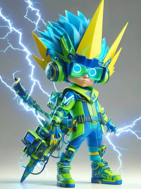 1boy, solo, Lightning energy，Electricity elements，Wearing a pointed headdress，Wearing large rectangular glasses，Blue Highlight Lightning，Wearing bright blue and green square clothing，High heel boots，Holding an electric weapon，Best quality，Original，whole bo...