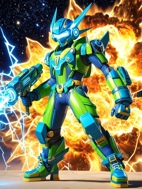 1boy, solo, Lightning energy，Electricity elements，Wearing a pointed headdress，Wearing large rectangular glasses，Blue Highlight Lightning，Wearing bright blue and green square clothing，High heel boots，Holding an electric weapon，Space starry sky background，Ga...