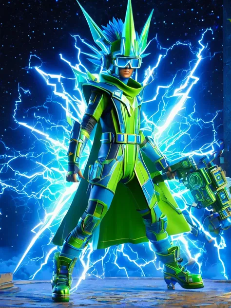 1boy, solo, Lightning energy，Electricity elements，Wearing a pointed headdress，Wearing large rectangular glasses，Blue Highlight Lightning，Wearing bright blue and green square clothing，High heel boots，Holding an electric weapon，Space starry sky background，Ga...