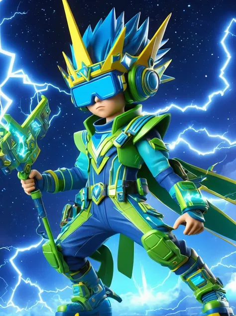 1boy, solo, Lightning energy，Electricity elements，Wearing a pointed headdress，Wearing large rectangular glasses，Blue Highlight Lightning，Wearing bright blue and green square clothing，High heel boots，Holding an electric weapon，Space starry sky background，Ga...