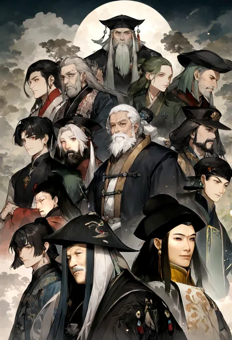 One with a beard、Image of old man wearing black hat, feng shu, zhang daqian, Yuan-You, yang qi, guangjian huang, hua cheng, xiang duan, tian zi, inspired by Wu Daozi, Emperor Xuande, Song, Inspired by Cao Zhibai, xiaoguang sun