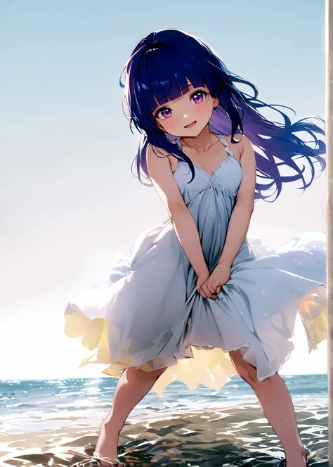 One girl, alone, Full Out Rika, cute, Blue Hair, Purple eyes, Long Hair, blunt bangs, bangs,White Dress, barefoot