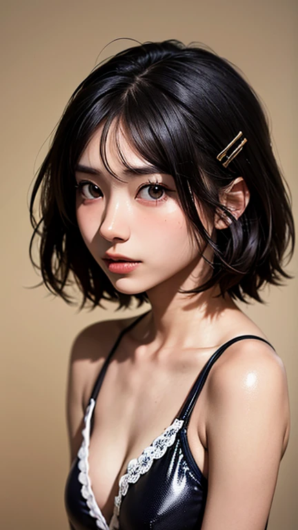 (1 girl, alone, Japanese Girls), 13 years old,highest quality, Tabletop, 8k, High resolution, Super detailed, (Portraiture), , Black Hair, short hair, Hair Clip, Shiny skin, Flat Chest,,  (Middle school students:1.5, Swimwear