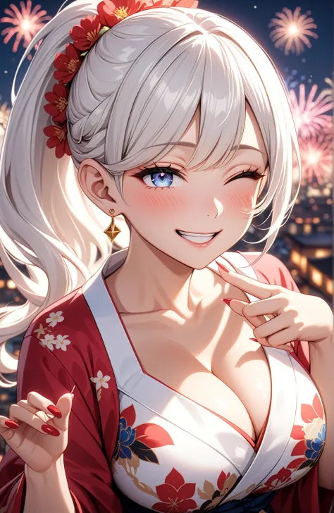 ((one personの女性)), Beautiful Face,Laughing embarrassedly,Laughing with your mouth open,((Wink:2.0)),(Bright red cheeks),Glossy pink lips,night,rooftop,firework,((Anime style background)),masterpiece, highest quality, so beautiful, Latest, Complex details, ...