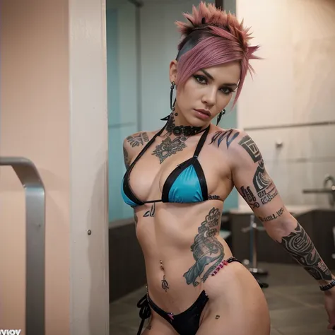 Beautiful punk woman with a coloured Mohawk and shaved underside hairstyle, (((little bikini))), piercings, ((tattoos)), intense eye contact, face and upper body image, pink hair, ((((full vody))))