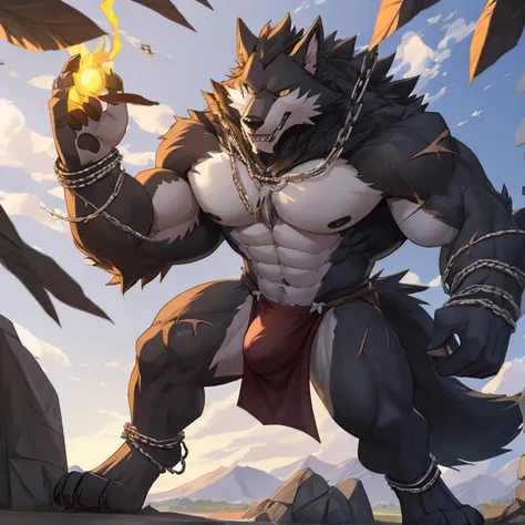 birds-eye view, furry, anthro,
giant werewolf, big wolf ears, big wolf tail, dark grey and white fur, messy fur, neck floof, yellow glowing eyes, razor sharp teeth, muscular body, handsome, monstrous, tall, gigantic, 
standing over a (really tiny) continen...