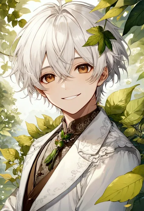 Male, Leaf Element, White Hair, Brown Eyes, Smiling