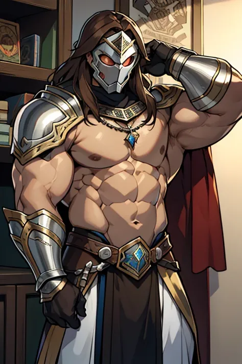 Hombre,. musculoso, long brown hair, silver armor mask, armadura de caballero de plata, pecho descubierto 