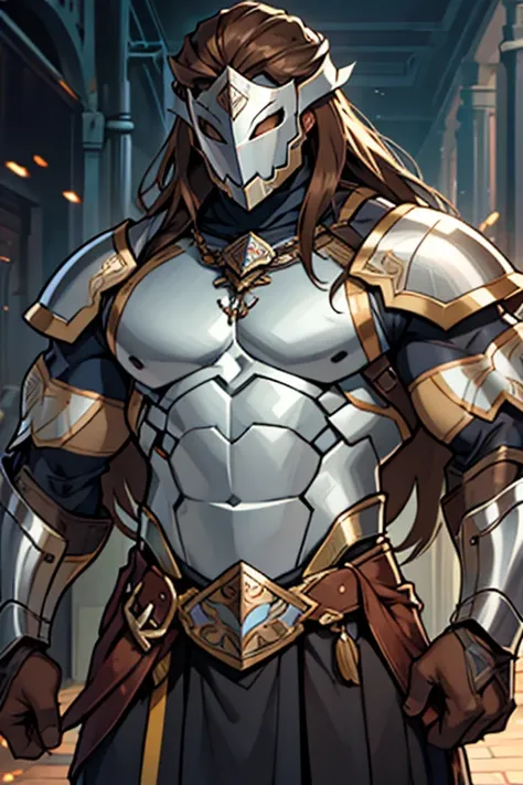 Hombre,. musculoso, long brown hair, silver armor mask, armadura de caballero de plata, pecho descubierto 