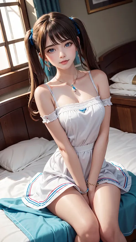 highest quality, masterpiece, One girl, alone, ferry, Long Hair, ferryBase, Knee socks, Exposing shoulders, jewelry, No sleeve, White Dress, Blue Skirt, gloves, bed room, bed, Wooden floor, Sitting, Sitting on bed, Put your hands on your feet, smile, Soft ...