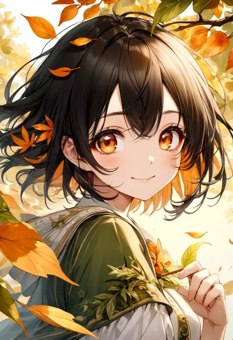 Female, Smiling, Leaf Element, Orange Eyes, Black Hair