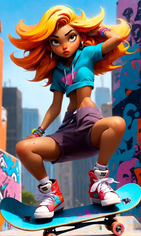 ((masterpiece)), "A conceptual illustration of an 18-year-old girl bimbo in a stylish bikini, striking a confident pose on a skateboard at a vibrant city skate park. The artwork is full of life and motion, blending urban graffiti art and bold, expressive c...