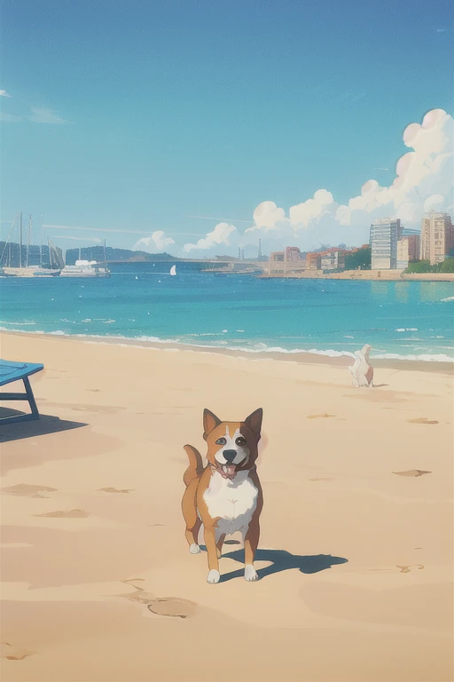 (cel_shading),
a dog is playing at beach beside the harbor,
masterpiece,best quality,