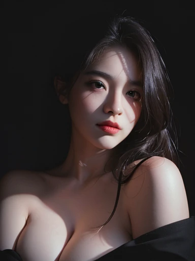 Best quality, masterpiece, ultra high res, (photorealistic:1.4), raw photo, 1girl, offshoulder, in the dark, deep shadow, low key, cold light,huge breast