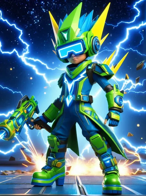 1boy, solo, Lightning energy，Electricity elements，Wearing a pointed headdress，Wearing large rectangular glasses，Blue Highlight Lightning，Wearing bright blue and green square clothing，High heel boots，Holding an electric weapon，Space starry sky background，Ga...