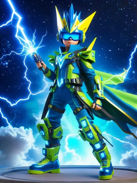 1boy, solo, Lightning energy，Electricity elements，Wearing a pointed headdress，Wearing large rectangular glasses，Blue Highlight Lightning，Wearing bright blue and green square clothing，High heel boots，Holding an electric weapon，Space starry sky background，Ga...