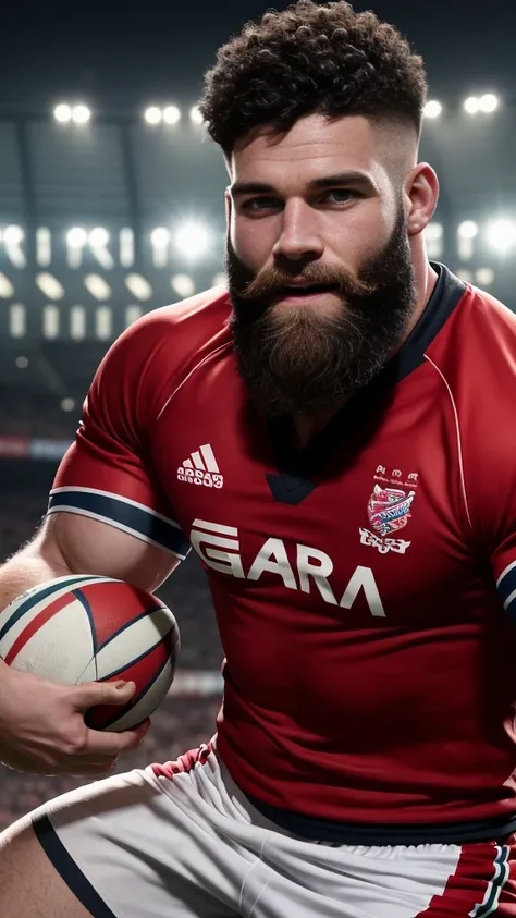 1 pale man rugby player ,Full body, smile, rugby player, sport red pants, rugby brands esportive uniform, Black hair beard fade , captivating alluring large eyes, European 30yo man, (High shadow detail), wearing brands rugby  uniform, muscular chest, long ...