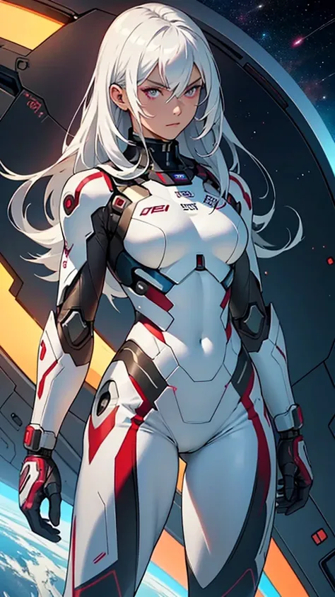 Beautiful cybernetic girl in mobile cybernetic battle suit detailed muscles realistic masterpieces full figure pose (best quality,ultra-detailed), white-haired girl, maroon eyes, long hair, fair skin, fit body, slim figure, narrow waist, large buttocks, (c...