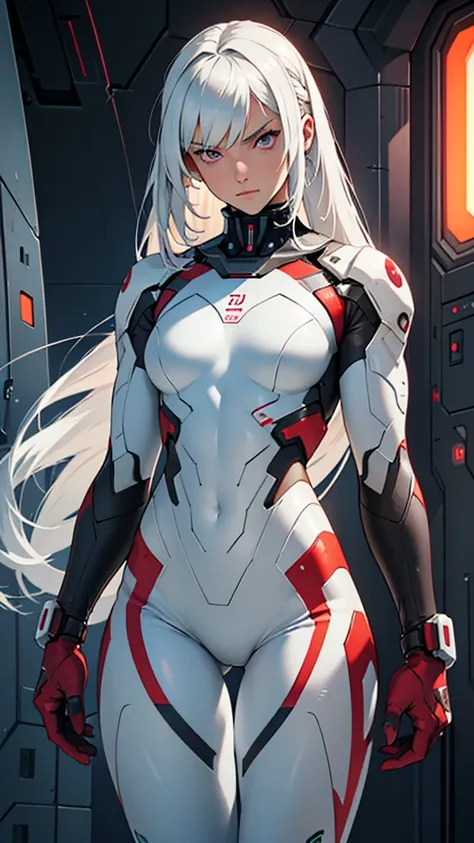 Beautiful cybernetic girl in mobile cybernetic battle suit detailed muscles realistic masterpieces full figure pose (best quality,ultra-detailed), white-haired girl, maroon eyes, long hair, fair skin, fit body, slim figure, narrow waist, large buttocks, (c...