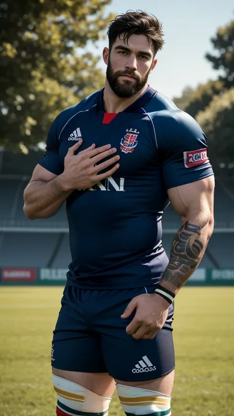 1 pale man rugby player ,Full body, no teeth smile, rugby player, sport brighter pants, hard on bulge, rugby esportive uniform, Black hair fade , captivating alluring large eyes, beard European 30yo man, (High shadow detail), wearing Calvin Klein rugby bra...