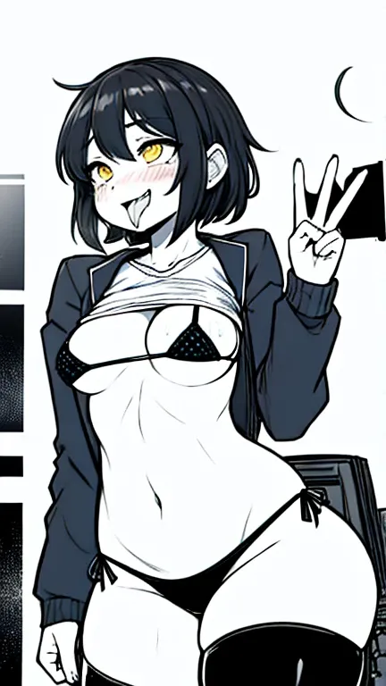 Medium black hair, yellow eyes, scar acros the face, adorable smile, cute smile, bikini bottom, shirt, white shirt, small , big butt, big ass, wide hips, big thighs, thigh highs, looking up at viewer,front view, lusty smile, shy, blush, blushing, yoru, cha...