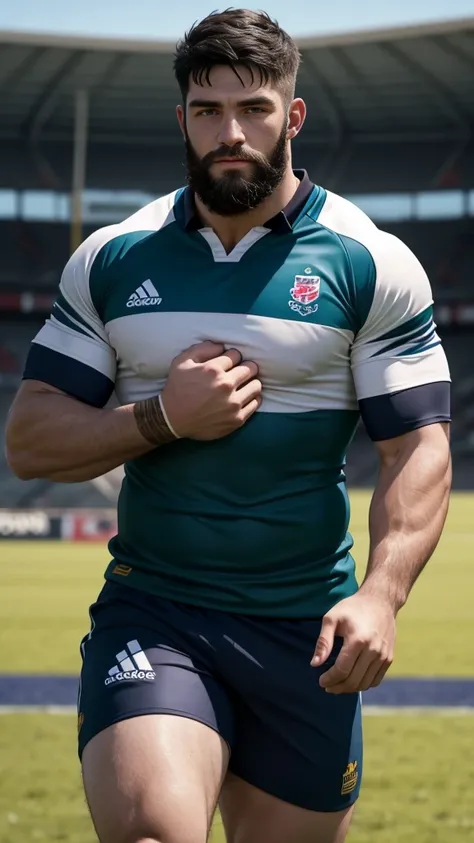 1 pale man rugby player ,Full body, no teeth smile, rugby player, sport brighter pants, hard on bulge, rugby esportive uniform, Black hair fade , captivating alluring large eyes, beard European 30yo man, (High shadow detail), wearing Calvin Klein rugby bra...