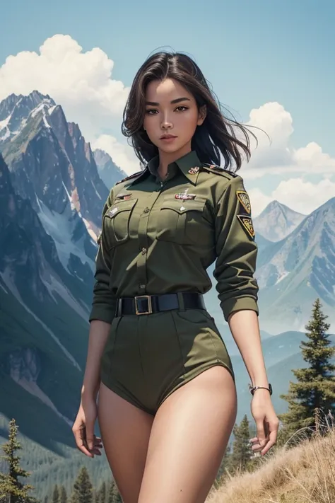 Spectacular unforgettable girl is a specialforcessoldier. She wears a khaki uniform, the background is mountains. anatomical precision, double effects, random angle, professional photo, gouache +ink+fine line drawing, extremely detailed, best quality, (Mas...