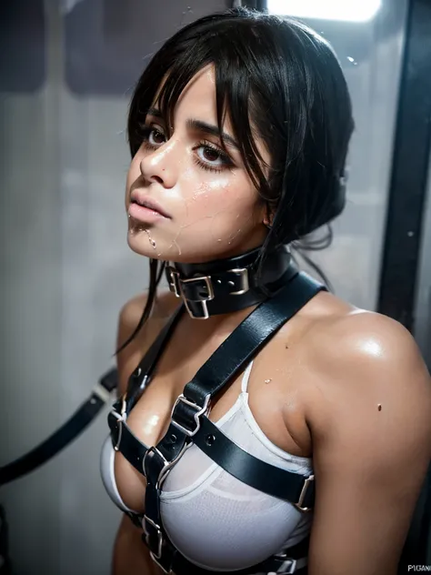 (Camila Cabello, bdsm, bondage, muzzle covering mouth, drool dripping, drool dangling, breathplay), 8k, realistic, drooling, pleading eyes, dripping wet, waiting to be tortured, cleavage, muzzle harness, drool all over face, drool all over breasts, breath ...