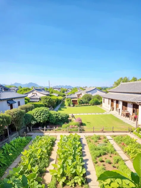 Chinese Village house style in the 80s，There is a small garden，天空布满了Sunset，Sunset，Many vegetables are grown indoors, There is a garden, suburban garden, Garden, There is a garden as foreground, garden environment, landscape, Hangzhou, Idyllic and fertile l...