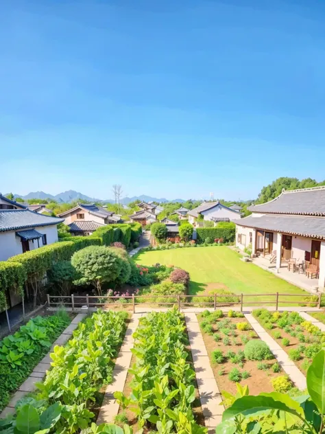 Chinese Village house style in the 80s，There is a small garden，天空布满了Sunset，Sunset，Many vegetables are grown indoors, There is a garden, suburban garden, Garden, There is a garden as foreground, garden environment, landscape, Hangzhou, Idyllic and fertile l...