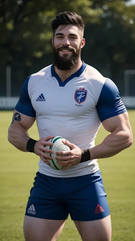 1 pale man rugby player ,Full body, rugby player, sport brighter pants, hard on bulge, rugby esportive uniform, Black hair fade , captivating alluring large eyes, beard European 30yo man smile, (High shadow detail), wearing Calvin Klein rugby brands unifor...