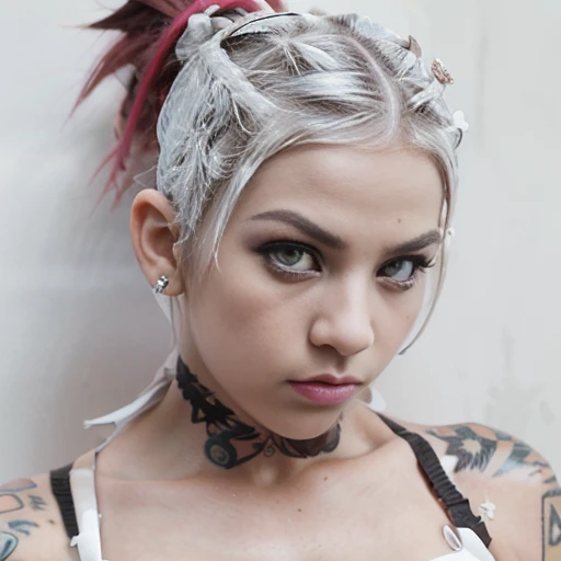 Beautiful punk woman with a coloured Mohawk and shaved underside hairstyle, (((little girl face))), (((serious face))), (((little bikini))), (((torn bra))), piercings, ((tattoos)), intense eye contact, (((((white eyes))))), pink hair, ((((full body view)))...