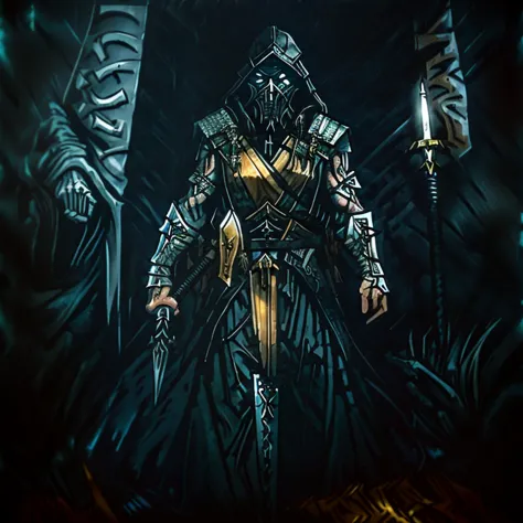 a drawing of a man in a hooded jacket holding a sword, dark warrior, thief warrior, ominous assassin, dark hooded wraith, pictur...